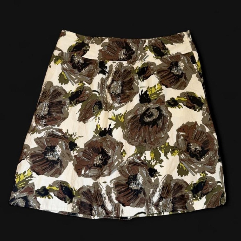 J.Crew Floral Poppy Print A-Line Skirt Cotton Lined Side Zip Brown Cream Size 12